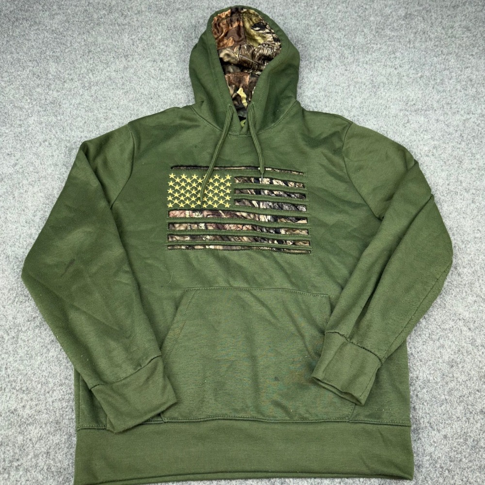 Mossy Oak Hoodie Mens Large Green American Flag Camo Pullover Outdoor Sweatshirt